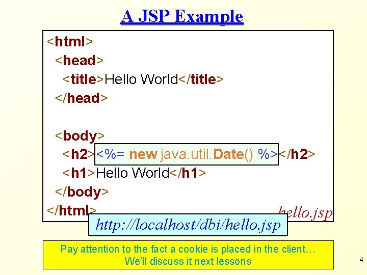 A JSP Example <html> <head> <title>Hello World</title> </head> <body> <h 2><%= new java. util.