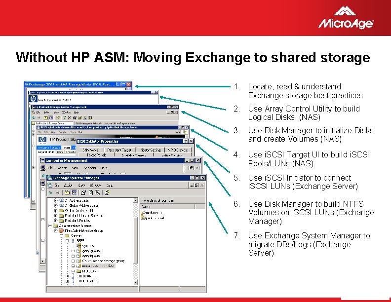 Without HP ASM: Moving Exchange to shared storage 1. Locate, read & understand Exchange