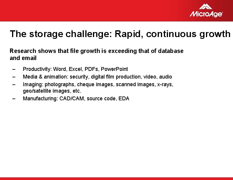 The storage challenge: Rapid, continuous growth Research shows that file growth is exceeding that