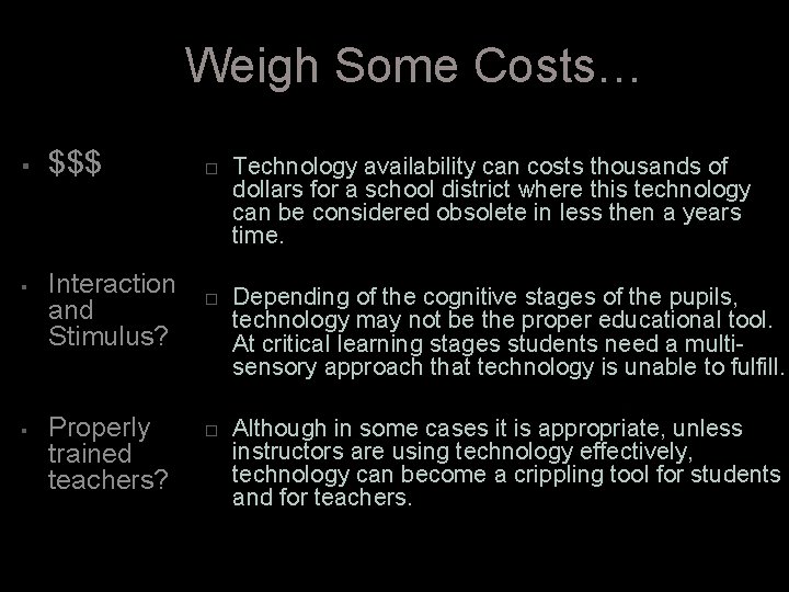 Weigh Some Costs… § § § $$$ Interaction and Stimulus? Properly trained teachers? Technology