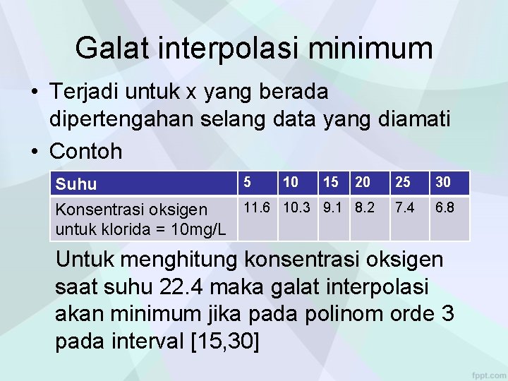 Galat interpolasi minimum • Terjadi untuk x yang berada dipertengahan selang data yang diamati Galat interpolasi minimum • Terjadi untuk x yang berada dipertengahan selang data yang diamati