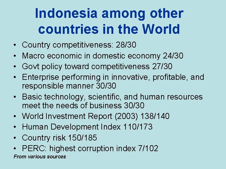 Indonesia among other countries in the World • • • Country competitiveness: 28/30 Macro