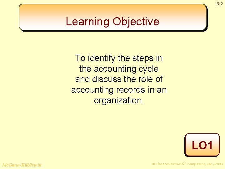 3 -2 Learning Objective To identify the steps in the accounting cycle and discuss