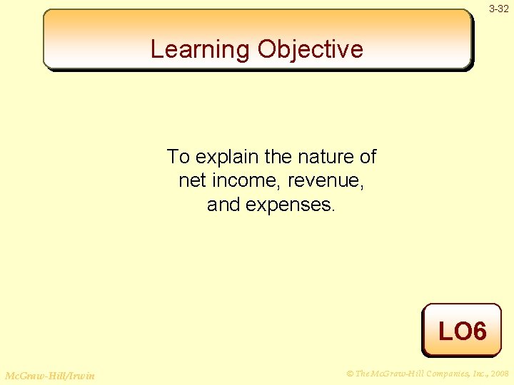 3 -32 Learning Objective To explain the nature of net income, revenue, and expenses.