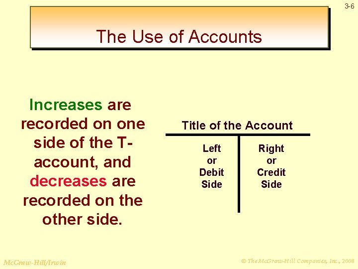 3 -6 The Use of Accounts Increases are recorded on one side of the