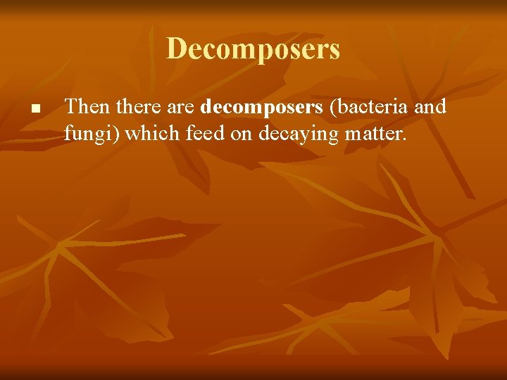 Decomposers n Then there are decomposers (bacteria and fungi) which feed on decaying matter.