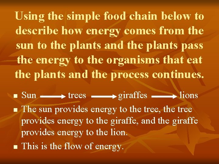 Using the simple food chain below to describe how energy comes from the sun