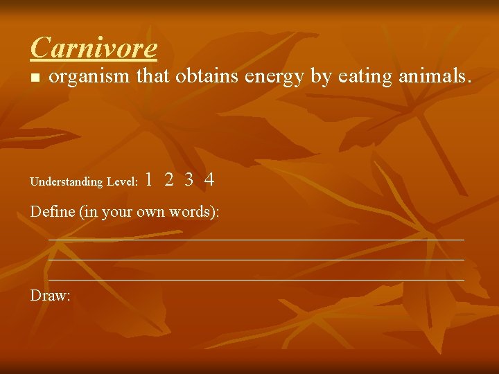 Carnivore n organism that obtains energy by eating animals. Understanding Level: 1 2 3