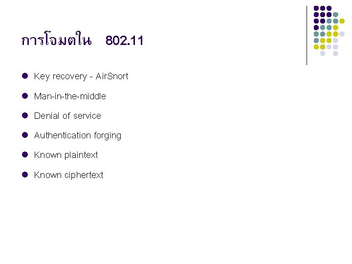 การโจมตใน 802. 11 l l l Key recovery - Air. Snort Man-in-the-middle Denial of