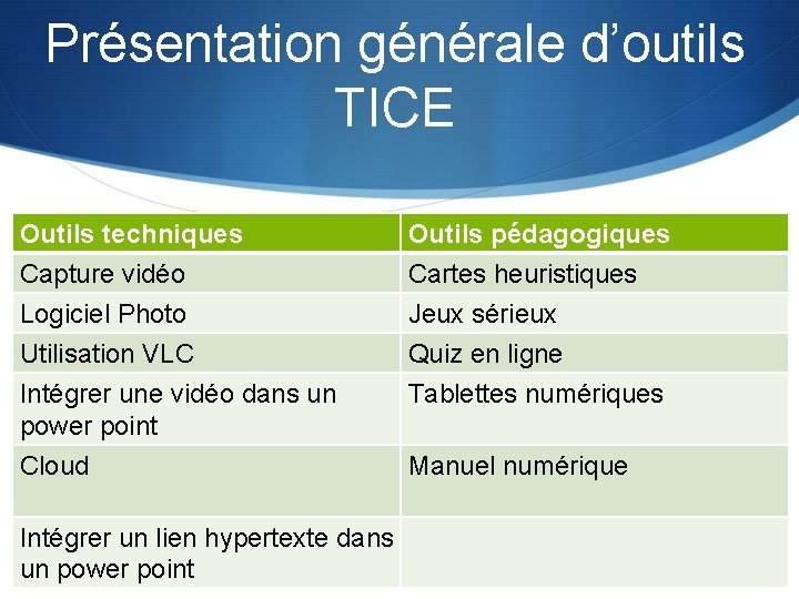 Présentation générale d’outils TICE Outils techniques Capture vidéo Logiciel Photo Utilisation VLC Intégrer une