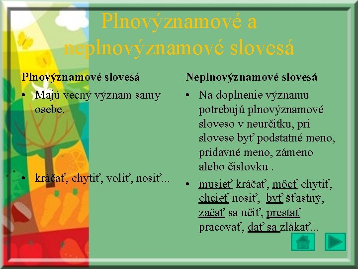 Plnovýznamové a neplnovýznamové slovesá Plnovýznamové slovesá Neplnovýznamové slovesá • Majú vecný význam samy osebe.