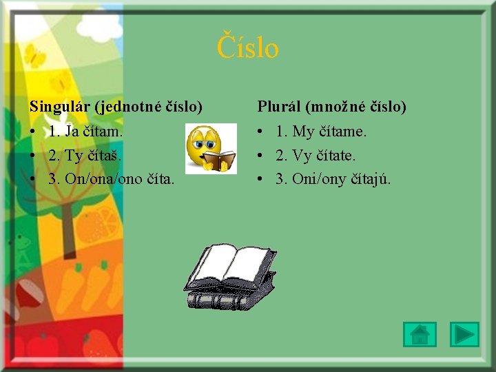 Číslo Singulár (jednotné číslo) Plurál (množné číslo) • 1. Ja čítam. • 2. Ty Číslo Singulár (jednotné číslo) Plurál (množné číslo) • 1. Ja čítam. • 2. Ty