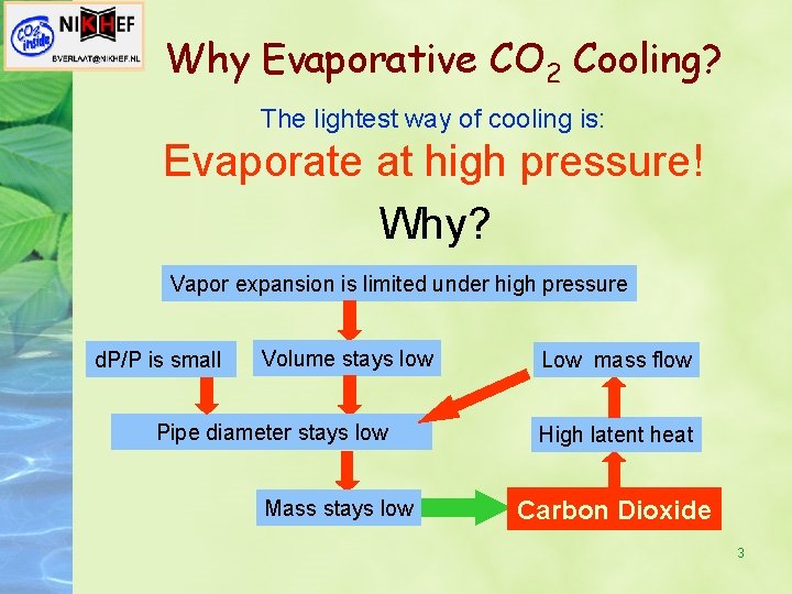 Why Evaporative CO 2 Cooling? The lightest way of cooling is: Evaporate at high