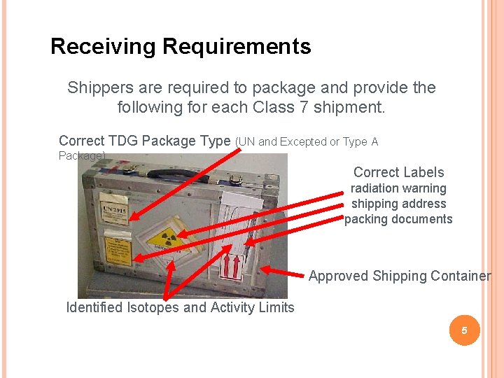 Receiving Requirements Shippers are required to package and provide the following for each Class