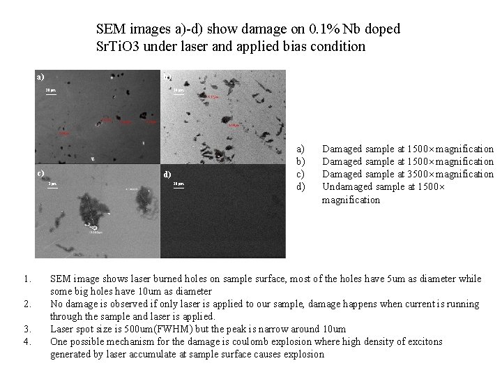 SEM images a)-d) show damage on 0. 1% Nb doped Sr. Ti. O 3