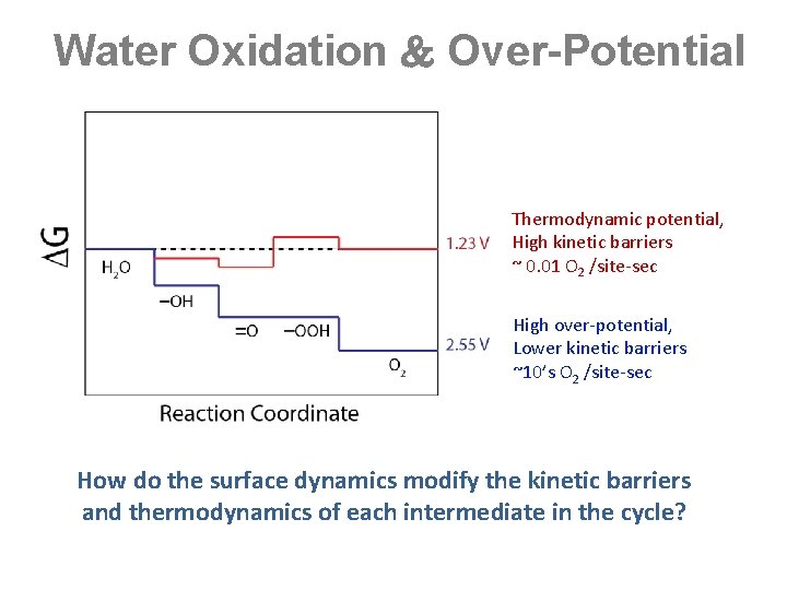 Water Oxidation Over-Potential Thermodynamic potential, High kinetic barriers ~ 0. 01 O 2 /site-sec