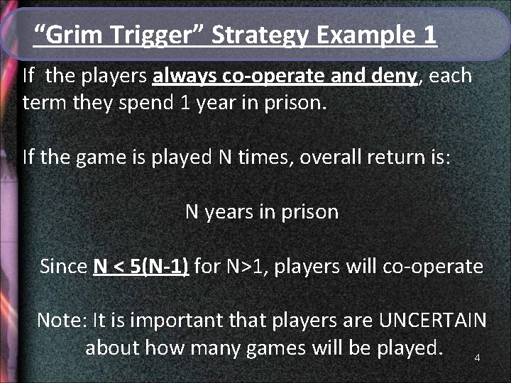 “Grim Trigger” Strategy Example 1 If the players always co-operate and deny, each term