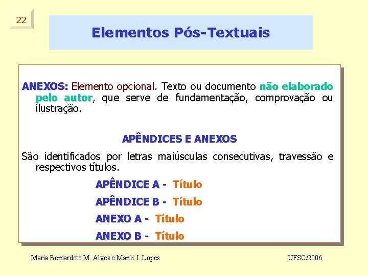 22 Elementos Pós-Textuais ANEXOS: Elemento opcional. Texto ou documento não elaborado pelo autor, autor