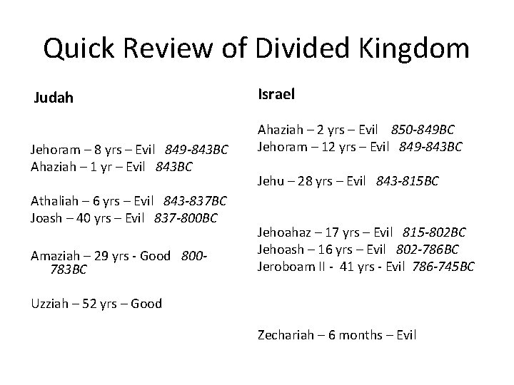 Quick Review of Divided Kingdom Judah Jehoram – 8 yrs – Evil 849 -843