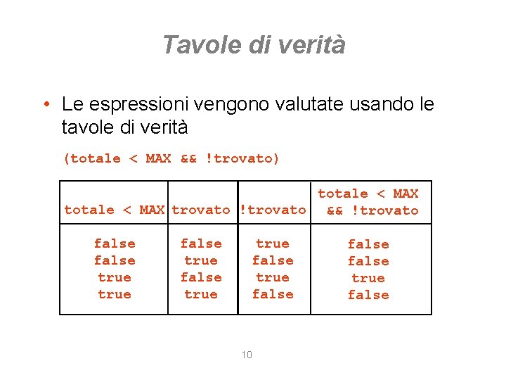 Tavole di verità • Le espressioni vengono valutate usando le tavole di verità (totale