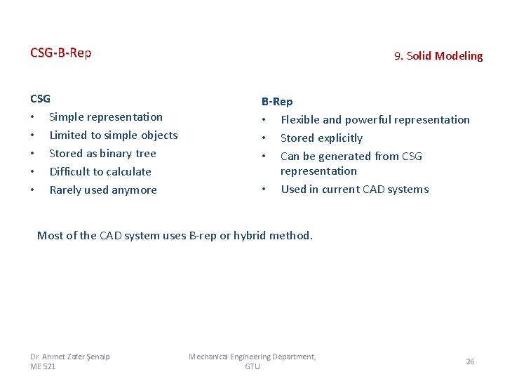 CSG-B-Rep CSG • Simple representation • Limited to simple objects • Stored as binary