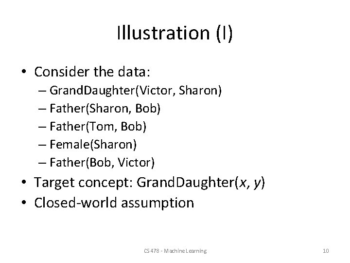 Illustration (I) • Consider the data: – Grand. Daughter(Victor, Sharon) – Father(Sharon, Bob) –