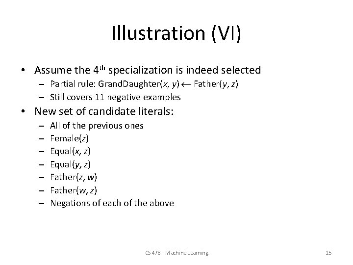 Illustration (VI) • Assume the 4 th specialization is indeed selected – Partial rule: