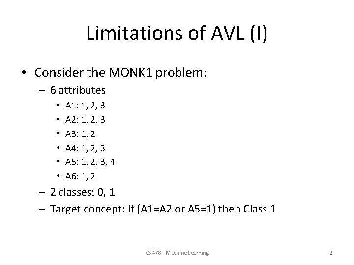Limitations of AVL (I) • Consider the MONK 1 problem: – 6 attributes •