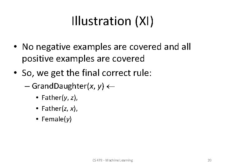 Illustration (XI) • No negative examples are covered and all positive examples are covered