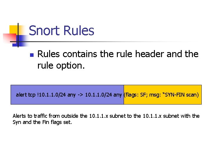 Snort Rules n Rules contains the rule header and the rule option. alert tcp