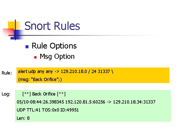 Snort Rules n Rule Options n Rule: Msg Option alert udp any -> 129.