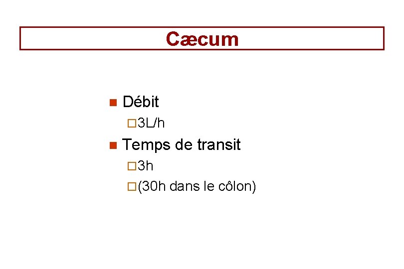 Cæcum n Débit ¨ 3 L/h n Temps de transit ¨ 3 h ¨ Cæcum n Débit ¨ 3 L/h n Temps de transit ¨ 3 h ¨