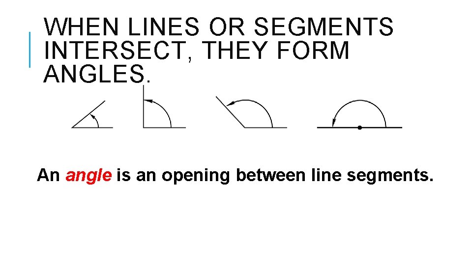 WHEN LINES OR SEGMENTS INTERSECT, THEY FORM ANGLES. An angle is an opening between