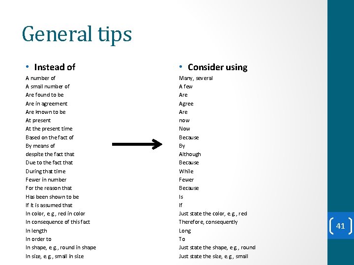 General tips • Instead of • Consider using A number of A small number General tips • Instead of • Consider using A number of A small number