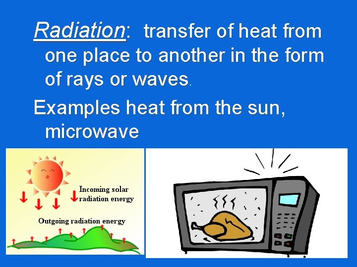 Radiation: transfer of heat from one place to another in the form of rays