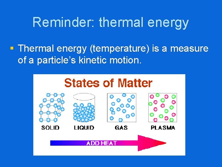 Reminder: thermal energy § Thermal energy (temperature) is a measure of a particle’s kinetic