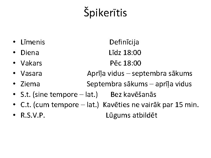 Špikerītis • • Līmenis Definīcija Diena Līdz 18: 00 Vakars Pēc 18: 00 Vasara