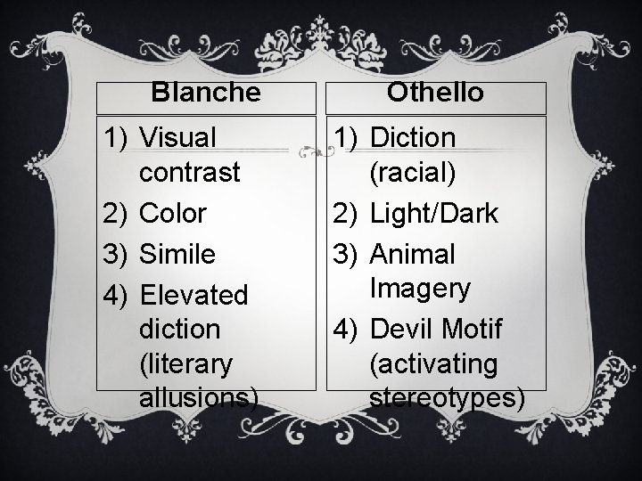 Blanche 1) Visual contrast 2) Color 3) Simile 4) Elevated diction (literary allusions) Othello Blanche 1) Visual contrast 2) Color 3) Simile 4) Elevated diction (literary allusions) Othello