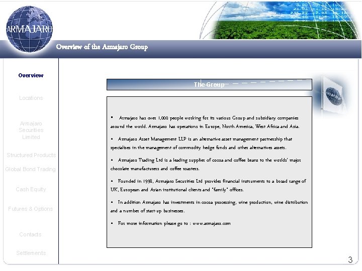 Overview of the Armajaro Group Overview The Group Locations Armajaro Securities Limited Structured Products