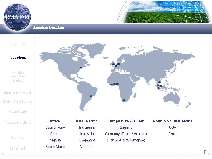 Armajaro Locations Overview Locations Armajaro Securities Limited Structured Products Global Bond Trading Cash Equity