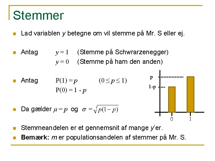 Stemmer n Lad variablen y betegne om vil stemme på Mr. S eller ej.