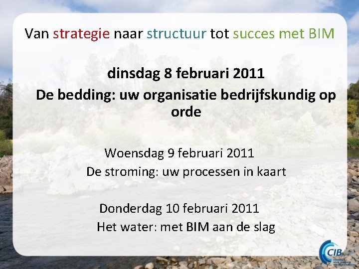 Van strategie naar structuur tot succes met BIM dinsdag 8 februari 2011 De bedding: