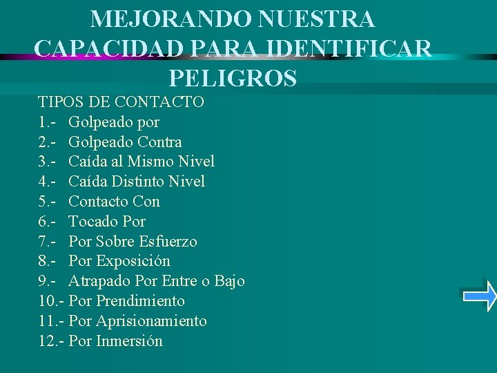 MEJORANDO NUESTRA CAPACIDAD PARA IDENTIFICAR PELIGROS TIPOS DE CONTACTO 1. - Golpeado por 2.