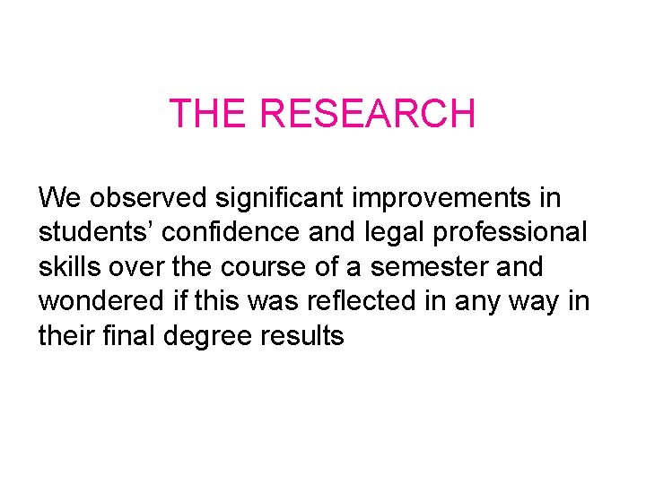 THE RESEARCH We observed significant improvements in students’ confidence and legal professional skills over