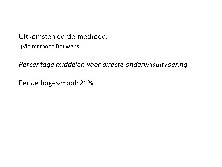 Uitkomsten derde methode: (Via methode Bouwens) Percentage middelen voor directe onderwijsuitvoering Eerste hogeschool: 21%
