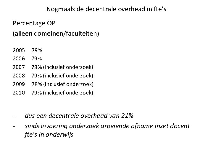 Nogmaals de decentrale overhead in fte’s Percentage OP (alleen domeinen/faculteiten) 2005 79% 2006 79%