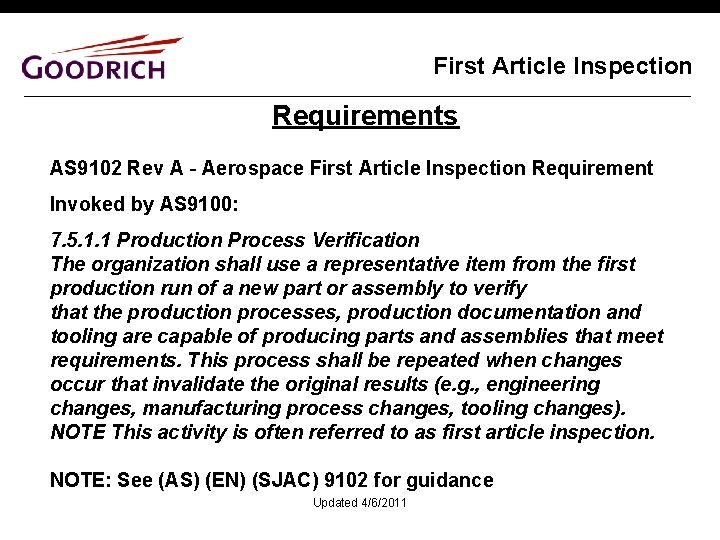 First Article Inspection Requirements AS 9102 Rev A - Aerospace First Article Inspection Requirement