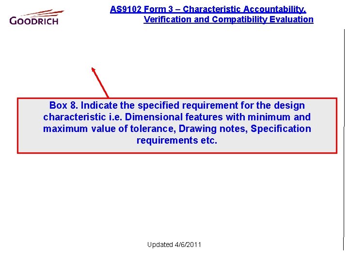 AS 9102 Form 3 – Characteristic Accountability, Verification and Compatibility Evaluation Box 8. Indicate
