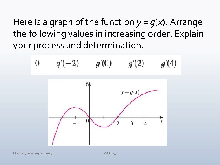 Here is a graph of the function y = g(x). Arrange the following values