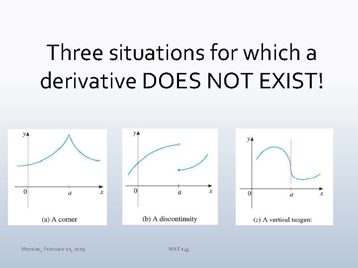 Three situations for which a derivative DOES NOT EXIST! Monday, February 11, 2019 MAT